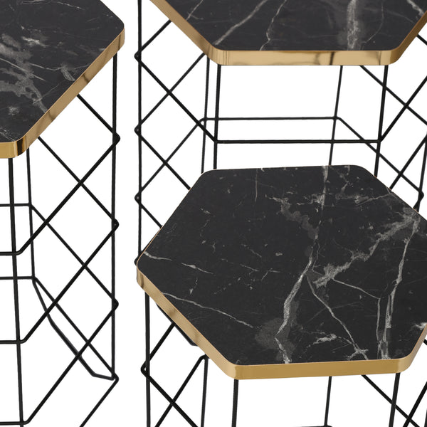 Set di tavolini Hørning set da 3 cestino in metallo nero / effetto marmo [en.casa]