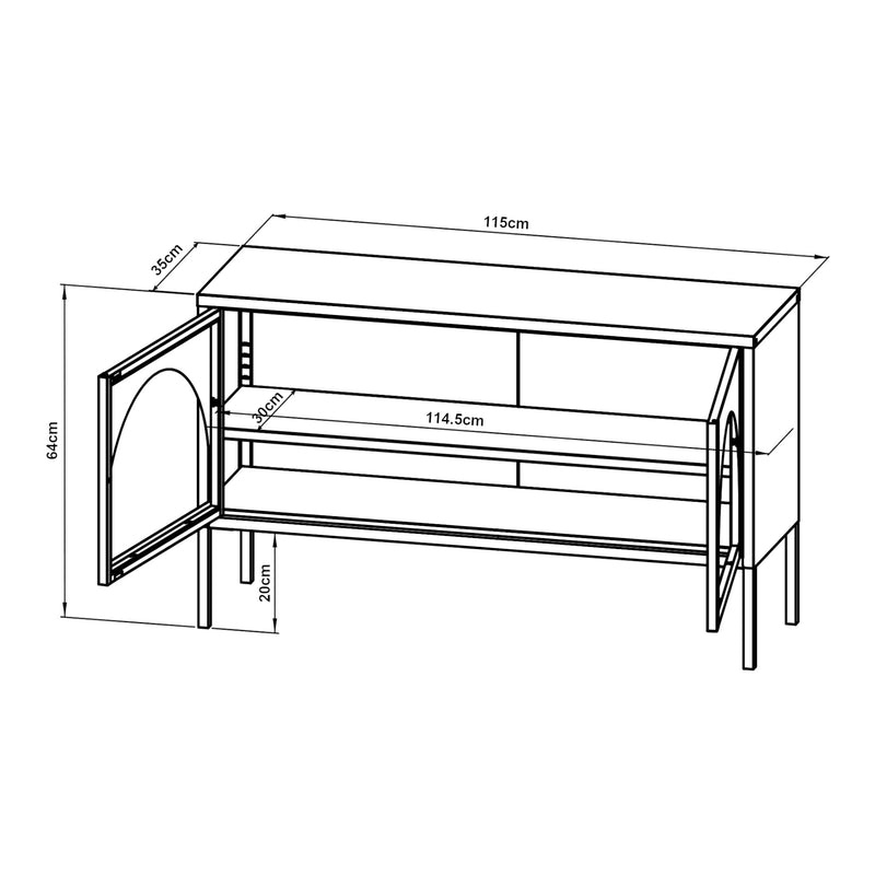 Schizzo in scala Mobile TV Karlskrona con Ante a Vetrata 115x35x64 cm Acciaio Nero Opaco [en.casa] 