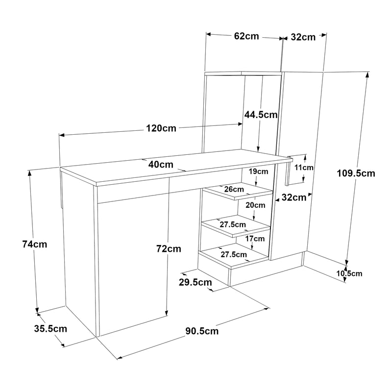 Schizzo in scala Scrivania Varhalo con Armadio Integrato e Ripiani Aperti - Effetto Rovere / Antracite [en.casa]
