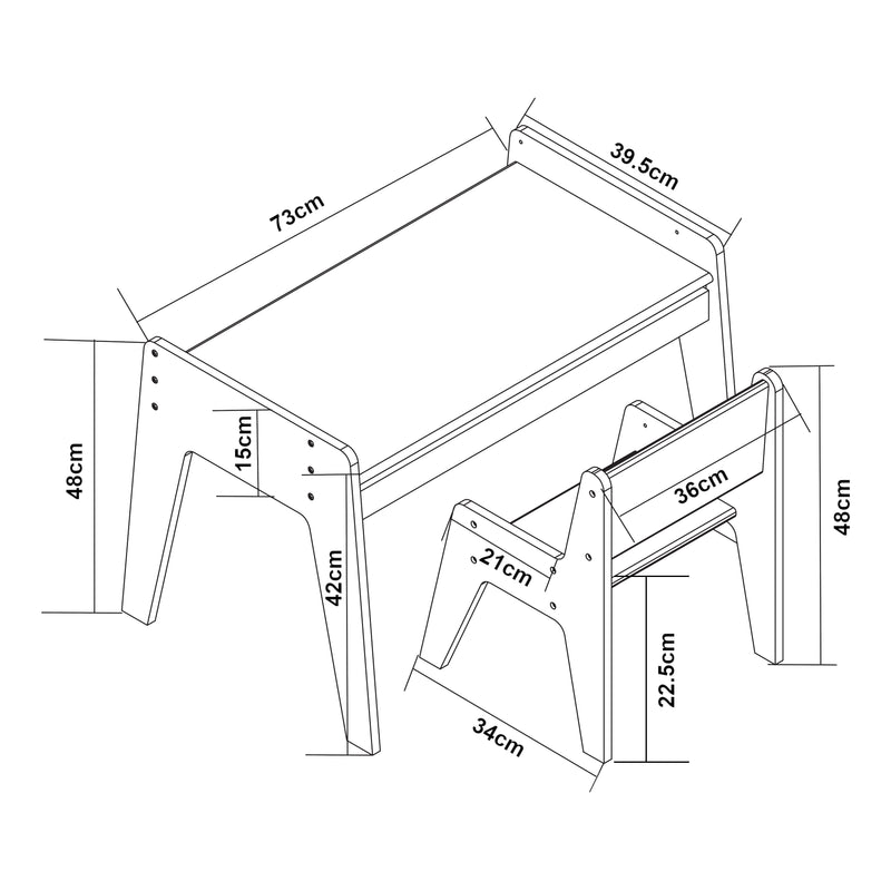 Schizzo in scala Set Skinnskatteberg Tavolo e Sedia per Bimbi - Legno Naturale / Bianco [en.casa] 