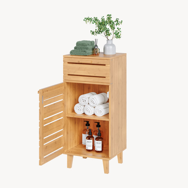Mobiletto da Bagno Epind con Cassetto e 2 Scomparti Chiusi 75 x 33 x 30 cm - Bambù Naturale [en.casa]

