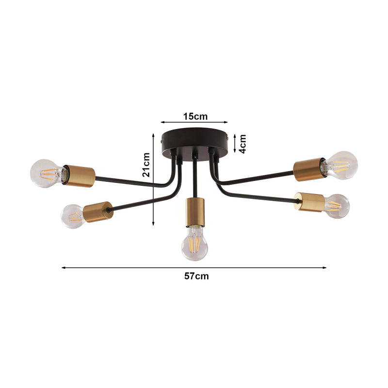 Schizzo in scala Lampada da Soffitto Benfleet con 5 Bracci in Metallo Nero con Attacchi Ottone lux.pro 