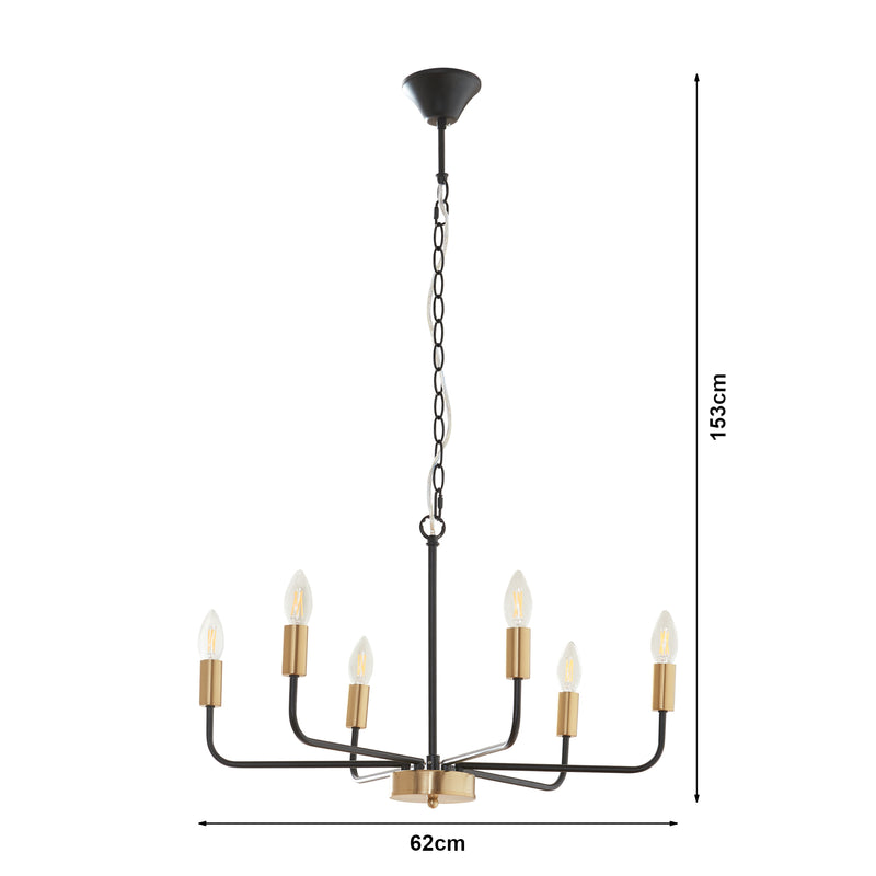 Schizzo in scala Lampadario a Sospensione Bishop a 6 Bracci E14 Industrial Chic - Nero / Ottone lux.pro 