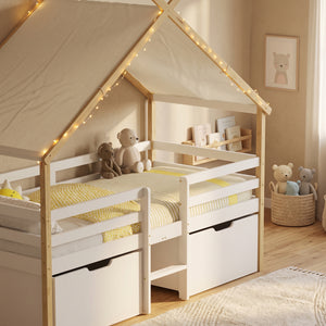 Letto Casetta per Bambini Surnadal 90x200 cm in Legno di Pino con Cassetti e Sbarre [en.casa] 