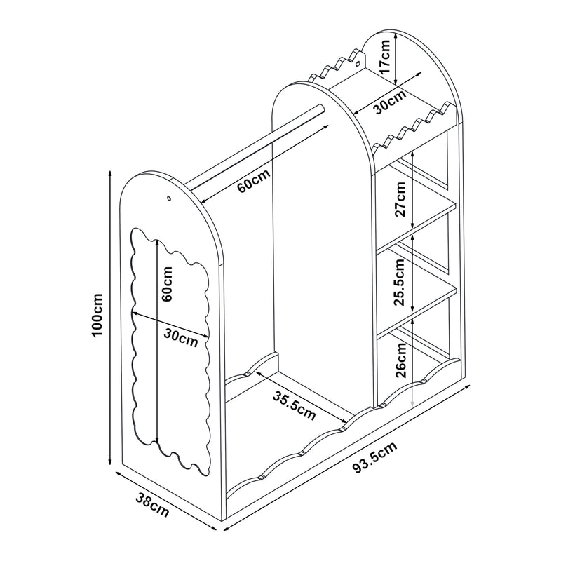 Schizzo in scala Organizzatore Guardaroba Vestnes per Cameretta con Ripiani e Specchio 100 x 94 x 38 cm - Rosa [en.casa]