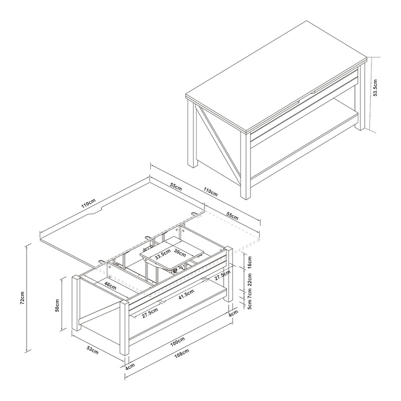 Schizzo in scala Tavolino Centrale da Salotto Kasama con Piano Sollevabile e Apribile 110 x 55 x 54 cm Effetto Noce / Bianco [en.casa]