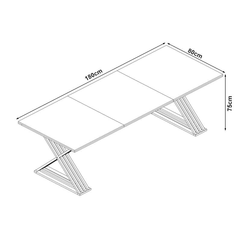 Schizzo in scala Tavolo da Pranzo Hujaari con Gambe a X in Metallo 180x80x75 cm Effetto Marmo Bianco [en.casa]