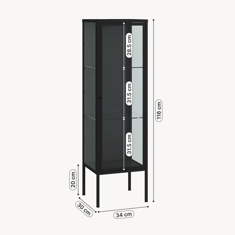 Schizzo in scala Armadio a Vetrina Borshavisa in Acciaio e Vetro Trasparente 116x34x30 cm Nero [en.casa] 