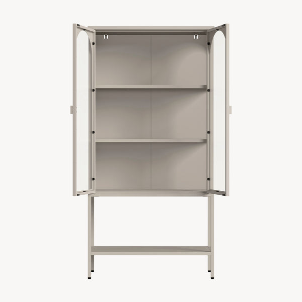 Vetrina Klippestad Credenza Alta a 2 Ante in Vetro e Ripiano Aperto 160 x 80 x 35 cm - Grigio Caldo [en.casa]