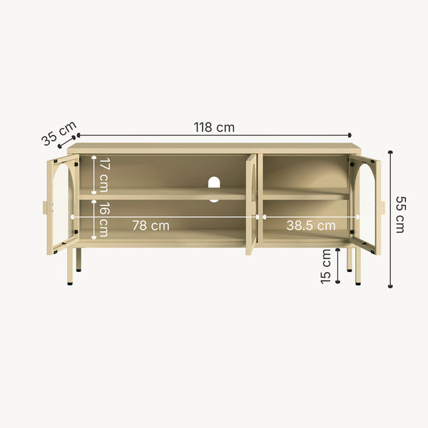 Vetrina Bassa Klippestad a 3 Ante in Vetro Credenza con 4 Scomparti 118 x 35 x 55 cm - Color Cammello [en.casa]

