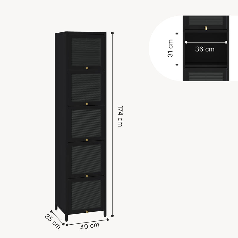 Schizzo in scala Mobile Vetrina Ostersund in Acciaio a 5 Ante e Scomparti 174 x 40 x 35 cm - Nero [en.casa]