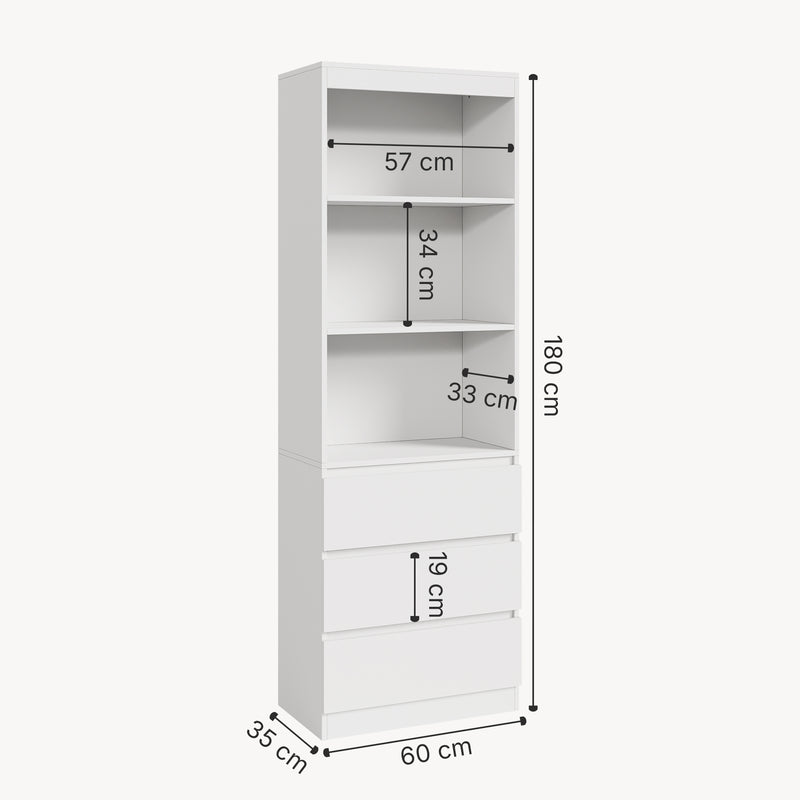 Schizzo in scala Libreria LES con 3 Scomparti e 3 Cassetti Scaffale Contenitore 180x60x35 cm Bianco [en.casa] 