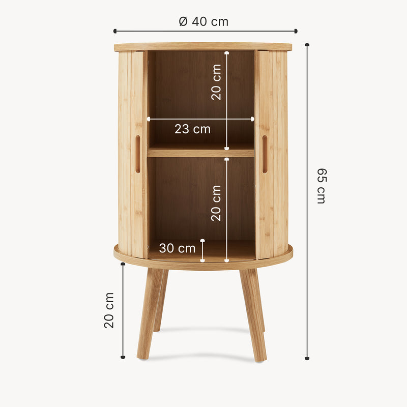 Schizzo in scala Comodino Nordkapp a 2 Ante Scorrevoli in Bambù Tavolino Rotondo 65xØ40 cm - Naturale [en.casa]