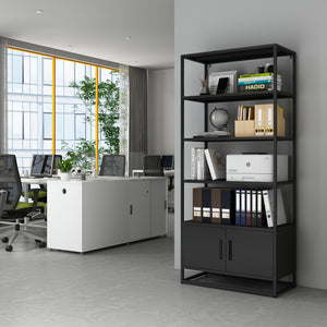 Libreria Hailuoto Scaffale in Acciaio con Ripiani Aperti e Armadietto 180x80x40 cm Nero opaco [en.casa] 