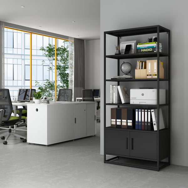 Libreria Hailuoto Scaffale in Acciaio con Ripiani Aperti e Armadietto 180x80x40 cm Nero opaco [en.casa] 