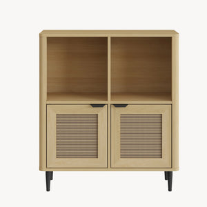 Mobile Contenitore Lukhomso a 2 Ante con Inserto Intreccio e 4 Scomparti 85 x 75 x 30 cm - Effetto Rovere/Rattan [en.casa]