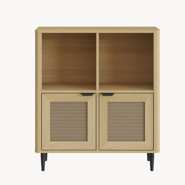 Mobile Contenitore Lukhomso a 2 Ante con Inserto Intreccio e 4 Scomparti 85 x 75 x 30 cm - Effetto Rovere/Rattan [en.casa]