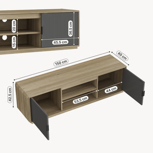 Mobile Porta TV Trömi a 2 Ante e Vani Aperti 150 x 40 x 43 cm - Effetto Rovere/Grigio [en.casa]