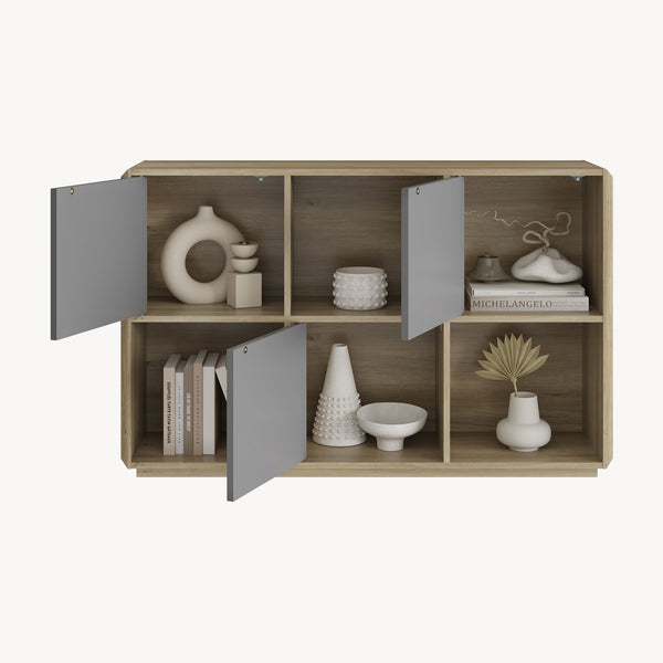 Credenza Trömi Mobile Buffet a 3 Ante e 6 Scomparti 75 x 120 x 30 cm - Effetto Rovere/Grigio [en.casa]