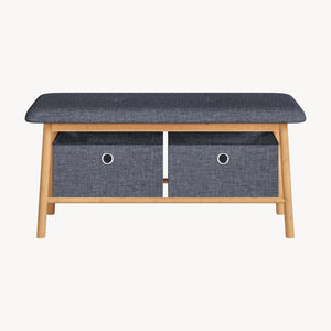Panca da Scarpe Vad con Seduta Imbottita e 2 Contenitori in Tessuto 90 x 30 x 45 cm - Bambù Naturale / Grigio