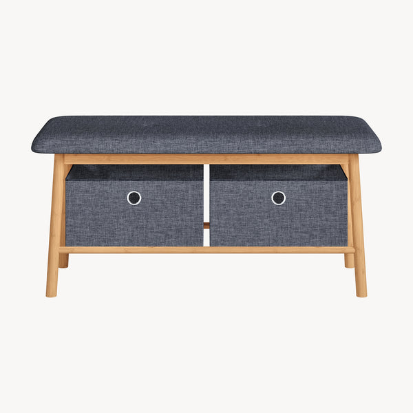 Panca da Scarpe Vad con Seduta Imbottita e 2 Contenitori in Tessuto 90 x 30 x 45 cm - Bambù Naturale / Grigio