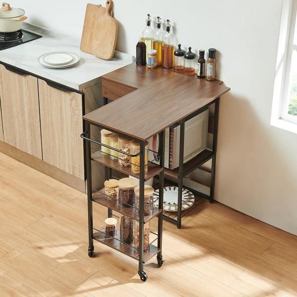 Scaffale da Cucina Kirhuskyna con Modulo Laterale Estraibile Girevole 130x40x85 cm Effetto Noce/Nero [en.casa]