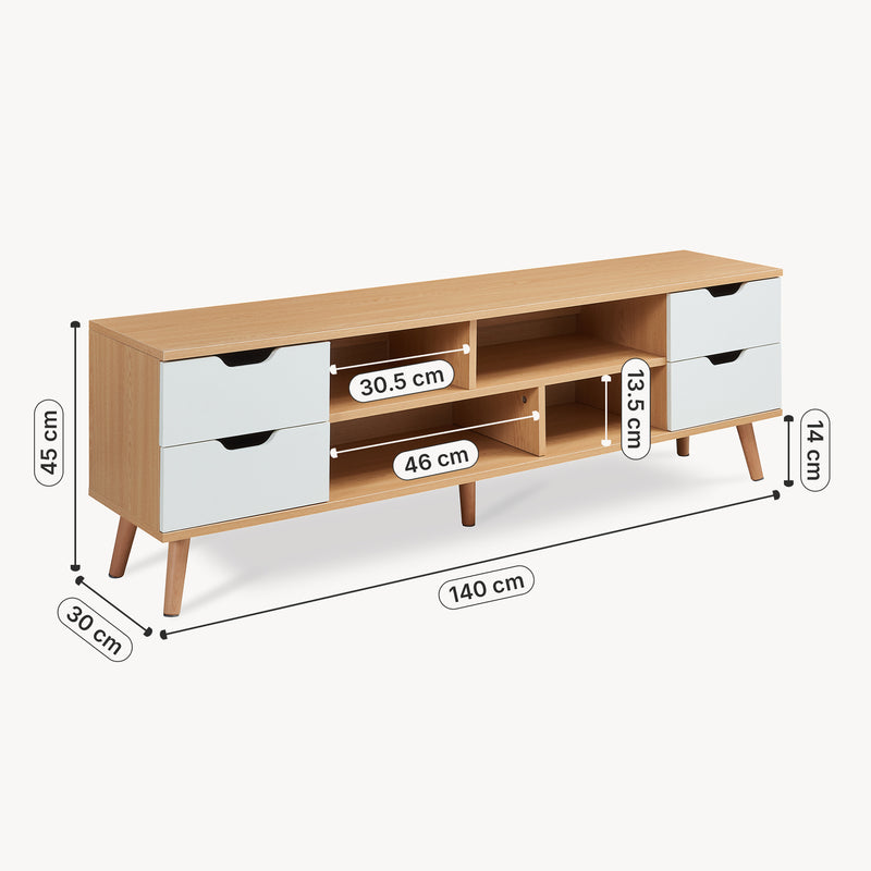 Schizzo in scala Mobile Porta TV Bordkak con 4 Cassetti a Scomparti Aperti 140 x 30 x 45 cm - Effetto Rovere / Bianco [en.casa]