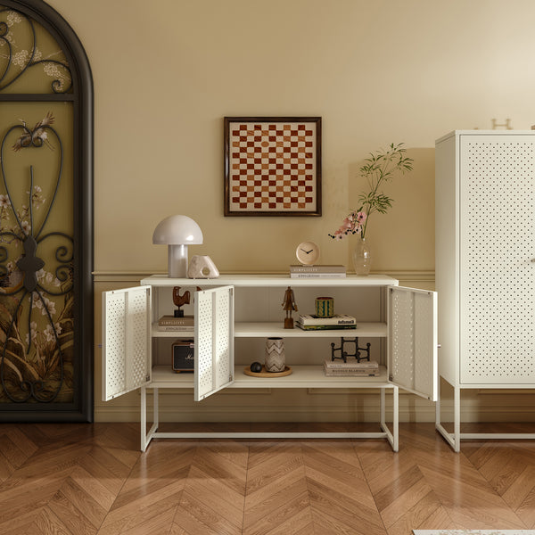Credenza Viitasaari Mobile Contenitore Stretto a 3 Ante con Ripiani 120 x 40 x 80 cm - Bianco Crema [en.casa]