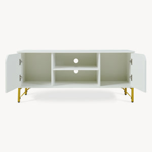 Mobile Porta TV Reyri a 2 Ante e 2 Vani Aperti 120 x 39 x 52 cm - Bianco/Dorato [en.casa]