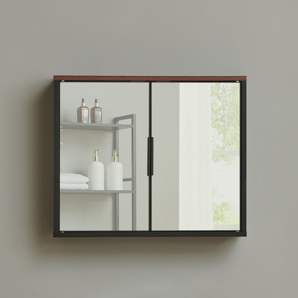 Mobiletto da Parete Trond con 2 Ante a Specchio Armadietto Pensile da Bagno 50 x 60 x 15 cm - Nero/Effetto Noce [en.casa]



