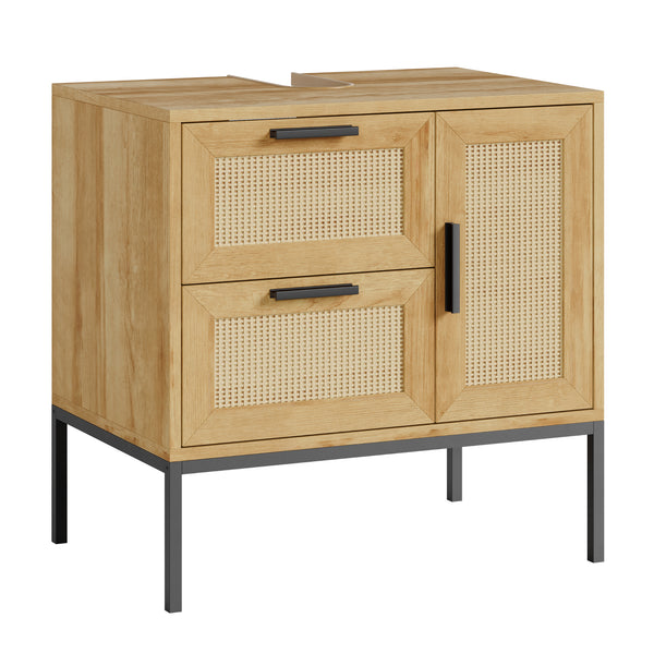 Mobile Sottolavabo Marhasa con Cassetto e 2 Scomparti 60 x 60 x 40 cm - Effetto Rovere/Rattan/Nero [en.casa]