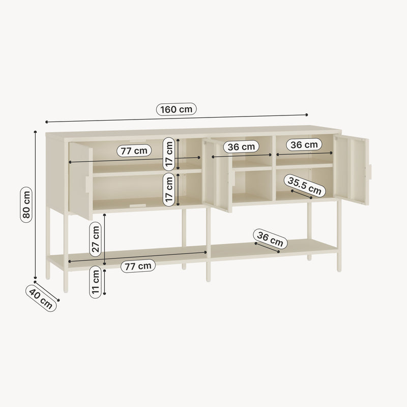 Schizzo in scala Credenza Bassa Kliri Madia con Ripiano e 6 Scomparti 160 x 40 x 80 cm - Bianco Crema [en.casa]