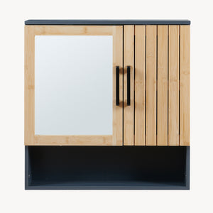 Mobiletto da Parete Svanes a Specchio Armadietto Pensile da Bagno con Ante in Bambù 58 x 56 x 13 cm - Grigio Scuro/Naturale [en.casa]

