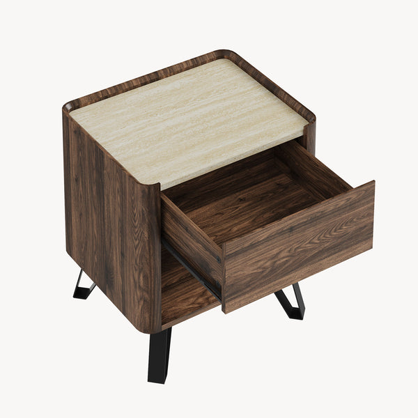 Comodino Trorlon 55x50x40 cm effetto noce/travertino [en.casa]