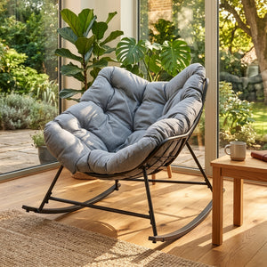 Sedia a Dondolo Villeneuve da Giardino con Cuscino Imbottito 85 x 90 x 91 cm - Nero / Grigio [en.casa]