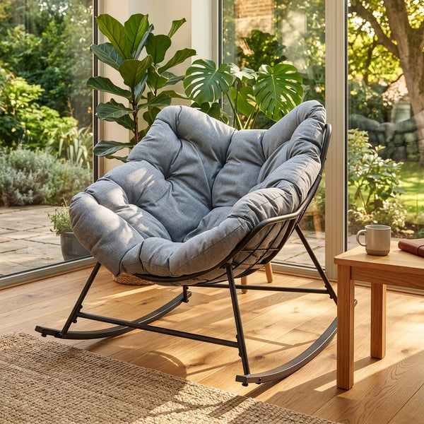 Sedia a Dondolo Villeneuve da Giardino con Cuscino Imbottito 85 x 90 x 91 cm - Nero / Grigio [en.casa]