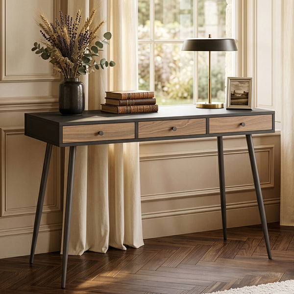 Scrivania Tumba con 3 Cassetti 115 x 48 x 76 cm - Nero/Effetto Noce [en.casa]