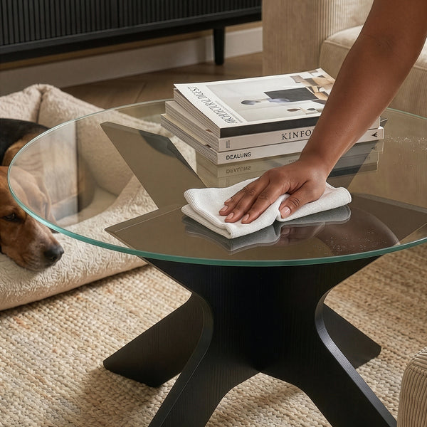 Tavolino Imi con piano in vetro Ø70x35 cm Nero/Grigio [en.casa]