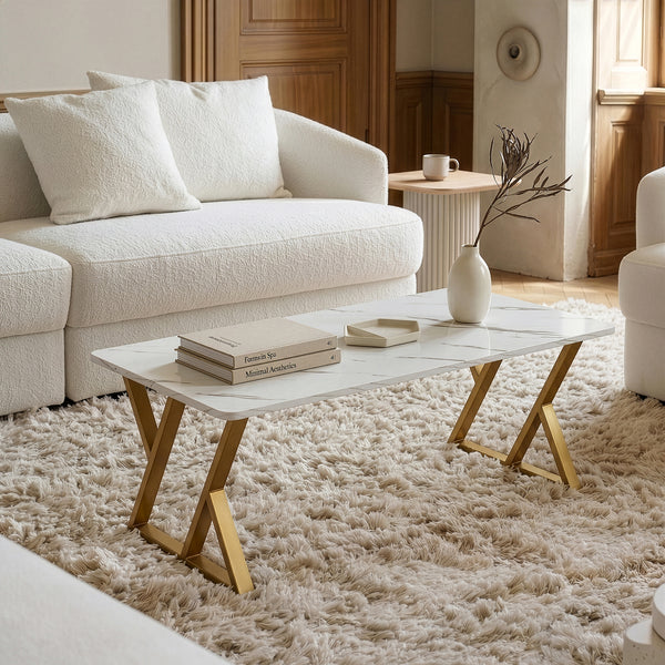 Tavolino da Caffè Nolu con Piano Rettangolare 120 x 60 x 46 cm - Effetto Marmo Bianco/Oro [en.casa] 