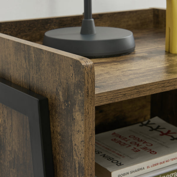 Comodino con Scomparto e Piano con Bordo Rialzato Mobiletto Impilabile 52x42x35 cm Effetto Legno Scuro [en.casa]