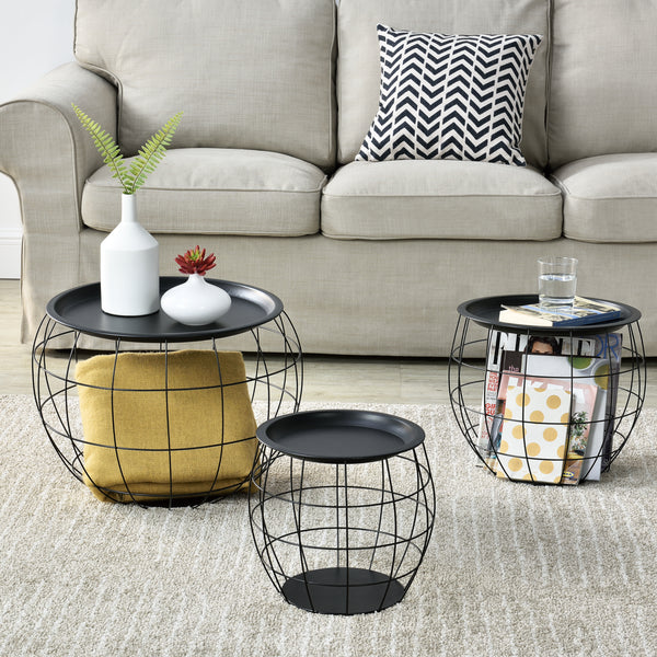 Tavolino da salotto Neman set da 3 cestini in metallo nero en.casa