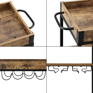 Carrello di Servizio con Vassoio Rimovibile e Ripiani in Color Legno Scuro Scaffale/Portavivande da Cucina/Mense con 4 Ruote Catering Ristorazione
