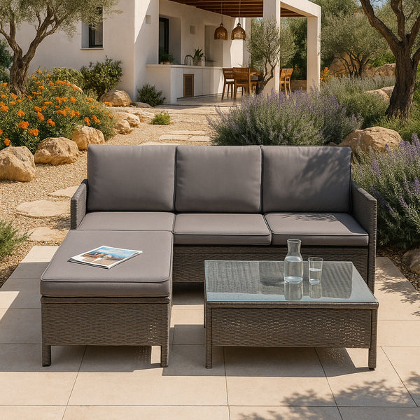 Set Mobili da Giardino Murcia in Polyrattan Tavolino Divano Pouf con Cuscini - Grigio [en.casa]