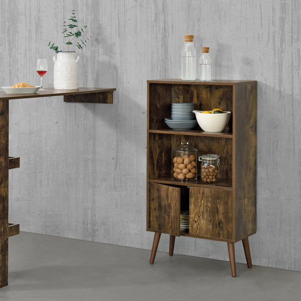 Mobile per Soggiorno con Armadietto e Ripiani 113 x 60 x 30 cm Libreria / Scaffale / Mobile a Terra con Ante Apertura a Pressione Push-to-Open - 4 Gambe in Legno Massiccio - Effetto Legno Scuro