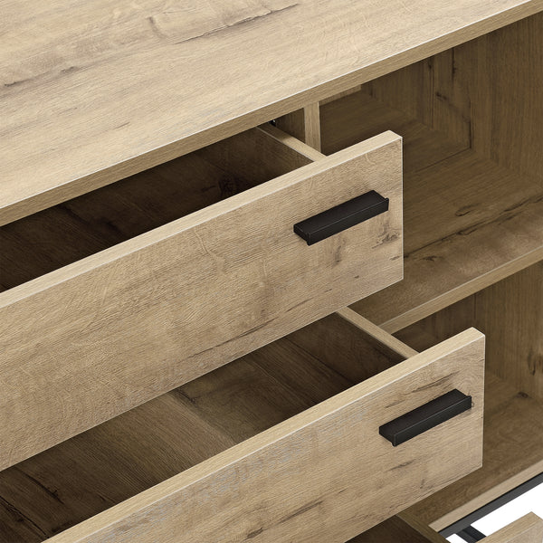 Comò a 3 Cassetti e 1 Anta (AxLxP) 79 x 115 x 40 cm Cassettiera e Armadietto con Ripiano - Mobiletto in Effetto Rovere su Piedistallo Nero in Metallo