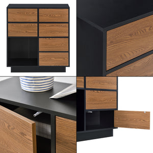 Mobile per Soggiorno/Ingresso/Ufficio con 6 Armadietti e 1 Scomparto Aperto, Comò 88x80x30cm (AxLaxP) Mobile a Terra con Ante Apertura a Pressione Push-to-Open - Nero/Effetto Legno