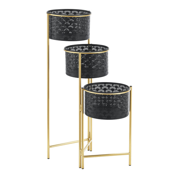 Porta Vasi da Interno Portapiante Supporto per Piante con 3 Coprivasi Struttura a 3 Livelli Pieghevole in Color Ottone con 3 Portavasi di Forma Cilindrica in Color Nero [en.casa]