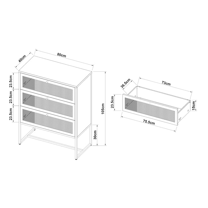 Schizzo in scala Cassettiera Sund in Acciaio con Frontali Traforati 105x80x40 cm Grigio [en.casa]