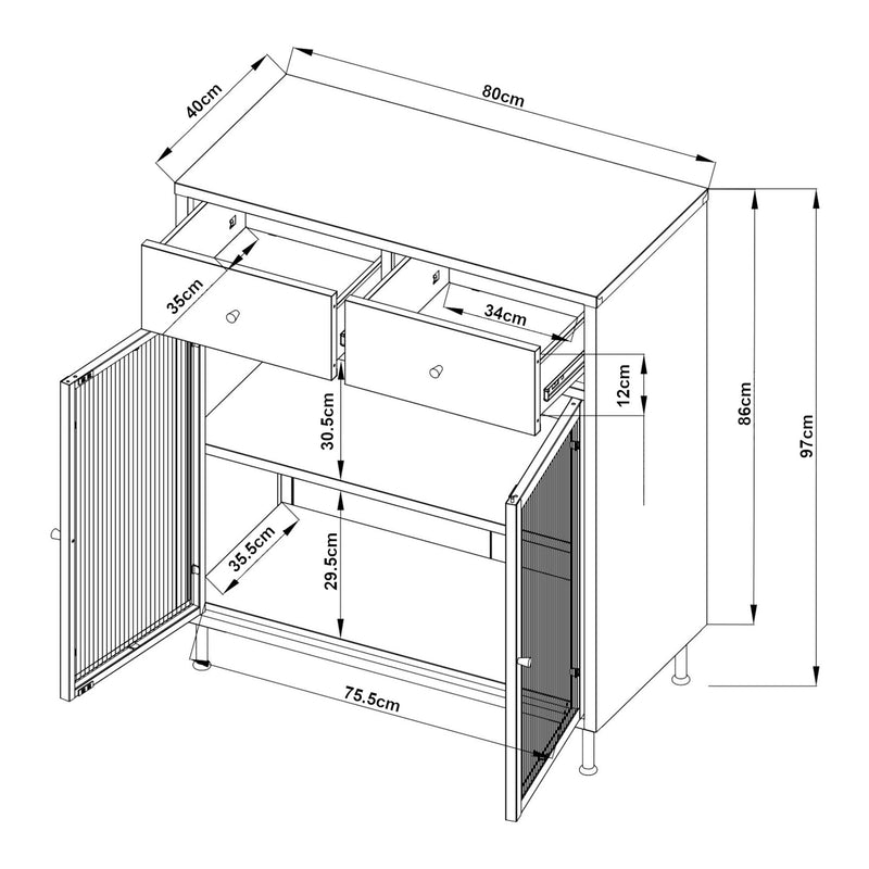 Schizzo in scala Credenza in Acciaio Lindau con Vetrina e 2 Cassetti 97x80x40 cm Bianco Crema [en.casa]