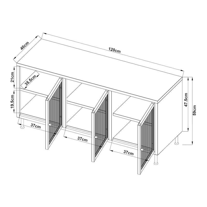 Schizzo in scala Mobile TV in Acciaio Lindau con Vetrina 120x40x59 cm Bianco Crema [en.casa] 